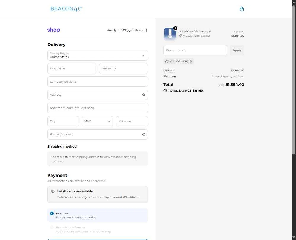 BEACON40 checkout page showing BEACON40 promo code box | Screenshot taken by SimplyCodes community member on Feb 4, 2026