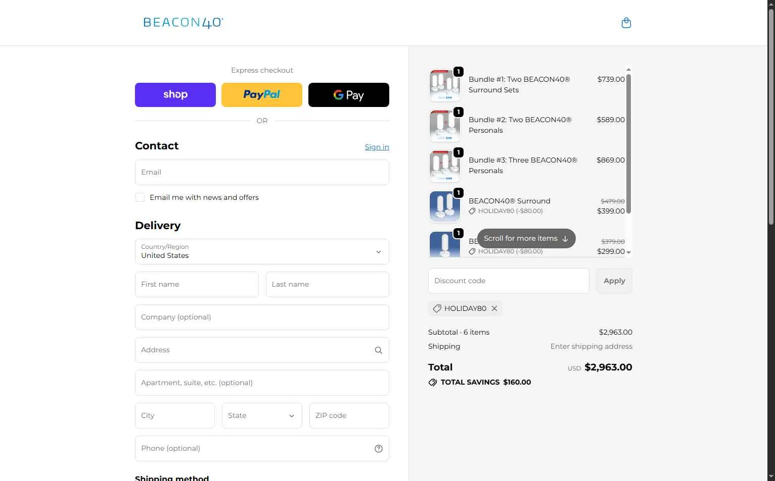 BEACON40 checkout page showing BEACON40 promo code box | Screenshot taken by SimplyCodes community member on Feb 13, 2026