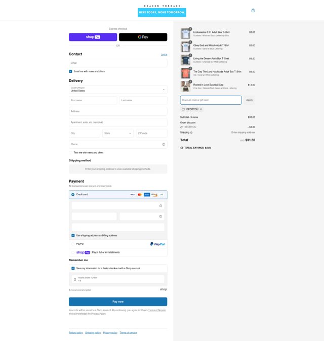 Beacon Threads checkout page showing Beacon Threads discount code box | Screenshot taken by SimplyCodes community member on Apr 28, 2025