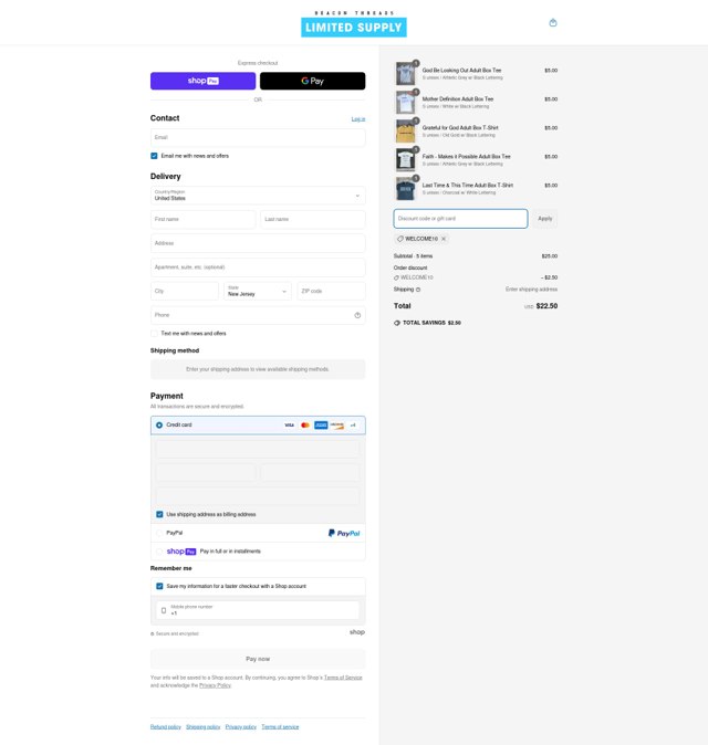 Beacon Threads checkout page showing Beacon Threads discount code box | Screenshot taken by SimplyCodes community member on May 19, 2025