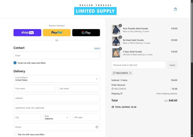 Beacon Threads checkout page showing Beacon Threads discount code box | Screenshot taken by SimplyCodes community member on May 18, 2025