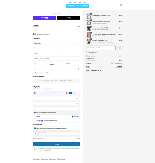 Beacon Threads checkout page showing Beacon Threads discount code box | Screenshot taken by SimplyCodes community member on May 6, 2025
