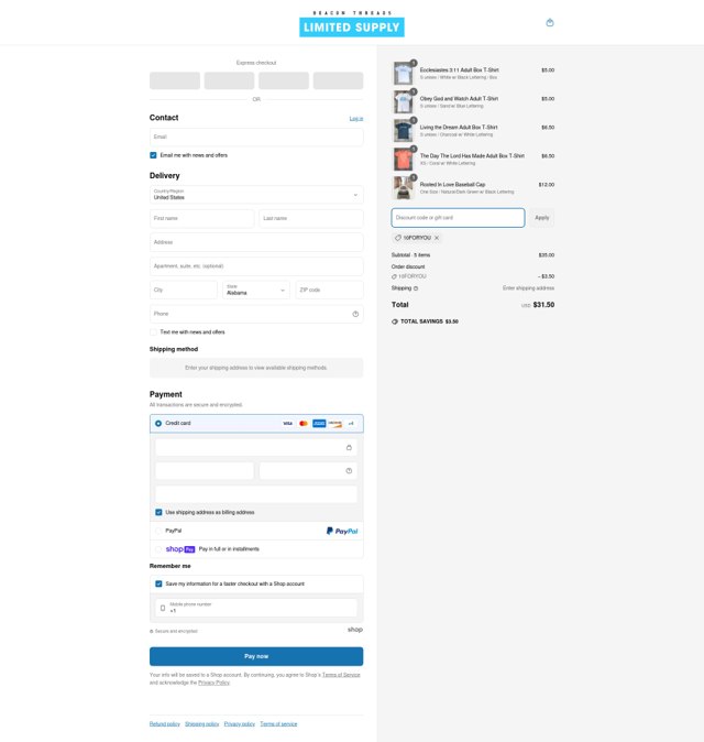 Beacon Threads checkout page showing Beacon Threads discount code box | Screenshot taken by SimplyCodes community member on May 6, 2025