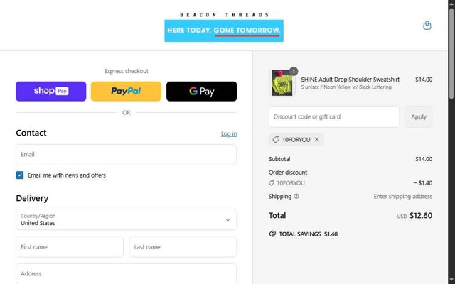 Beacon Threads checkout page showing Beacon Threads discount code box | Screenshot taken by SimplyCodes community member on May 18, 2025