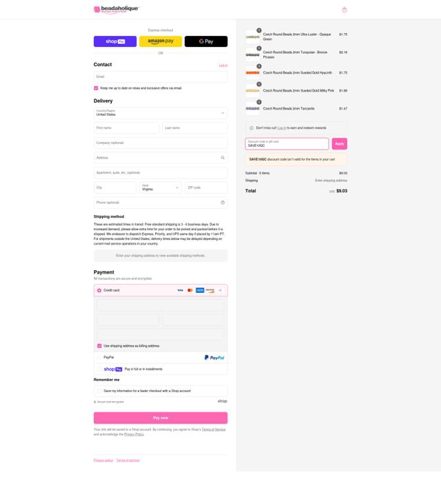 Beadaholique checkout page showing Beadaholique promo code box | Screenshot taken by SimplyCodes community member on Jun 15, 2025