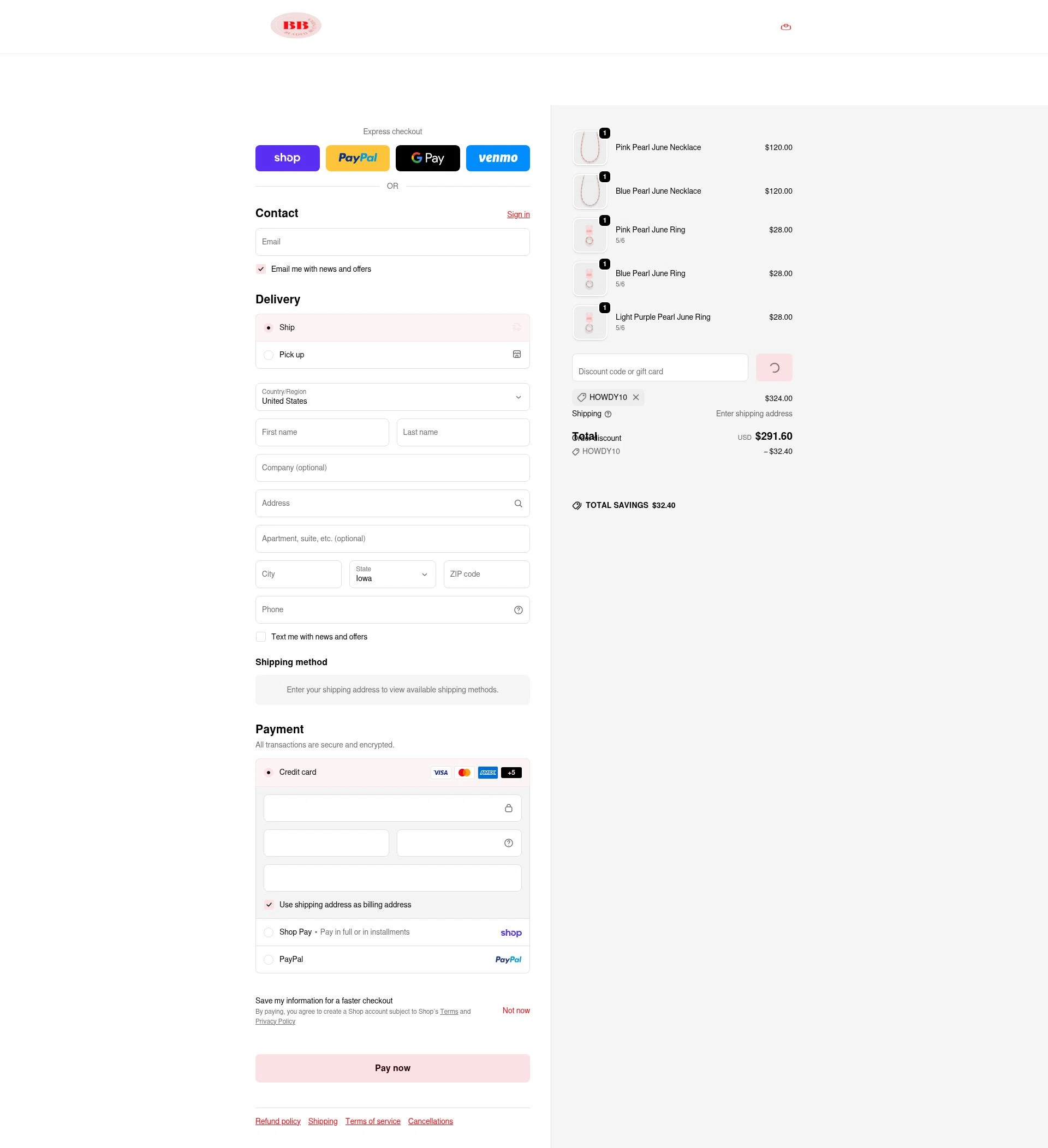Beaded Blondes checkout page showing Beaded Blondes discount code box | Screenshot taken by SimplyCodes community member on Feb 18, 2026