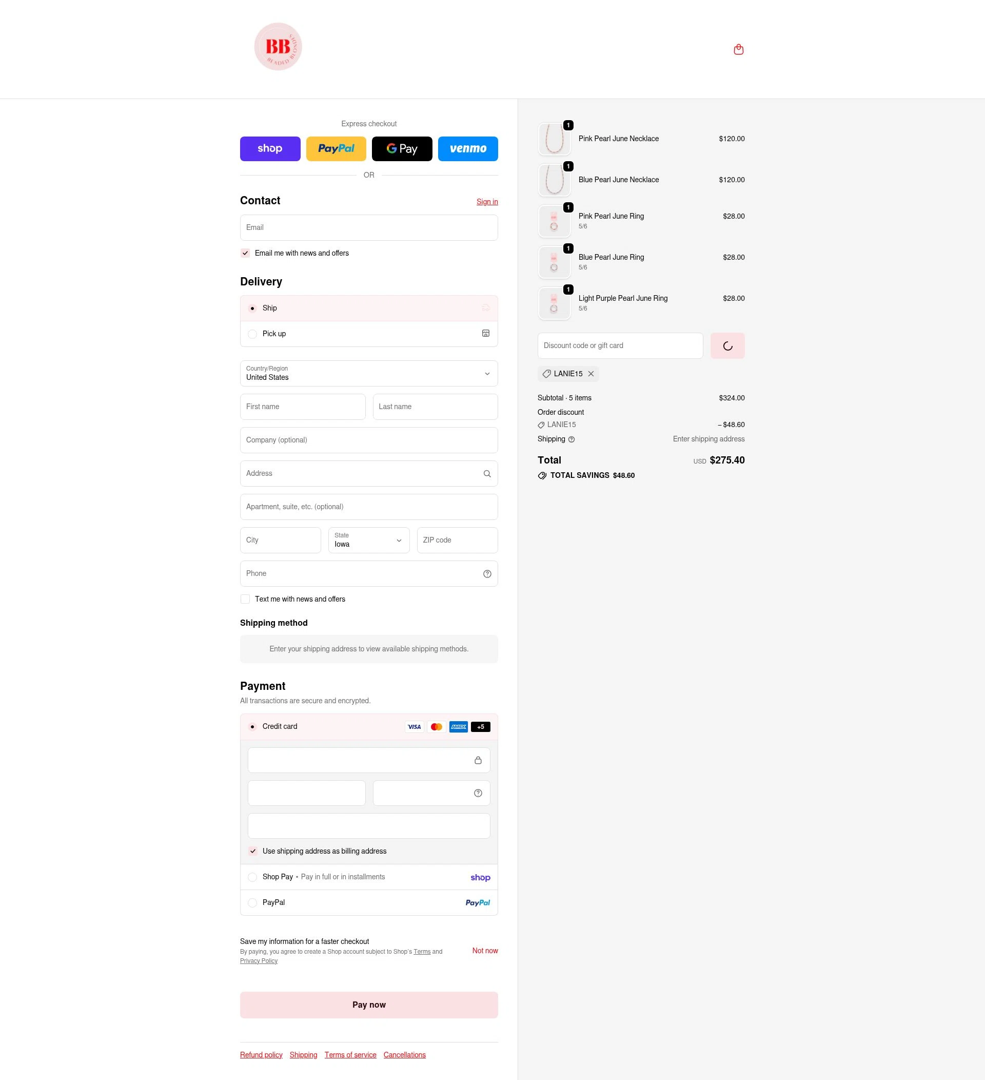Beaded Blondes checkout page showing Beaded Blondes discount code box | Screenshot taken by SimplyCodes community member on Feb 18, 2026