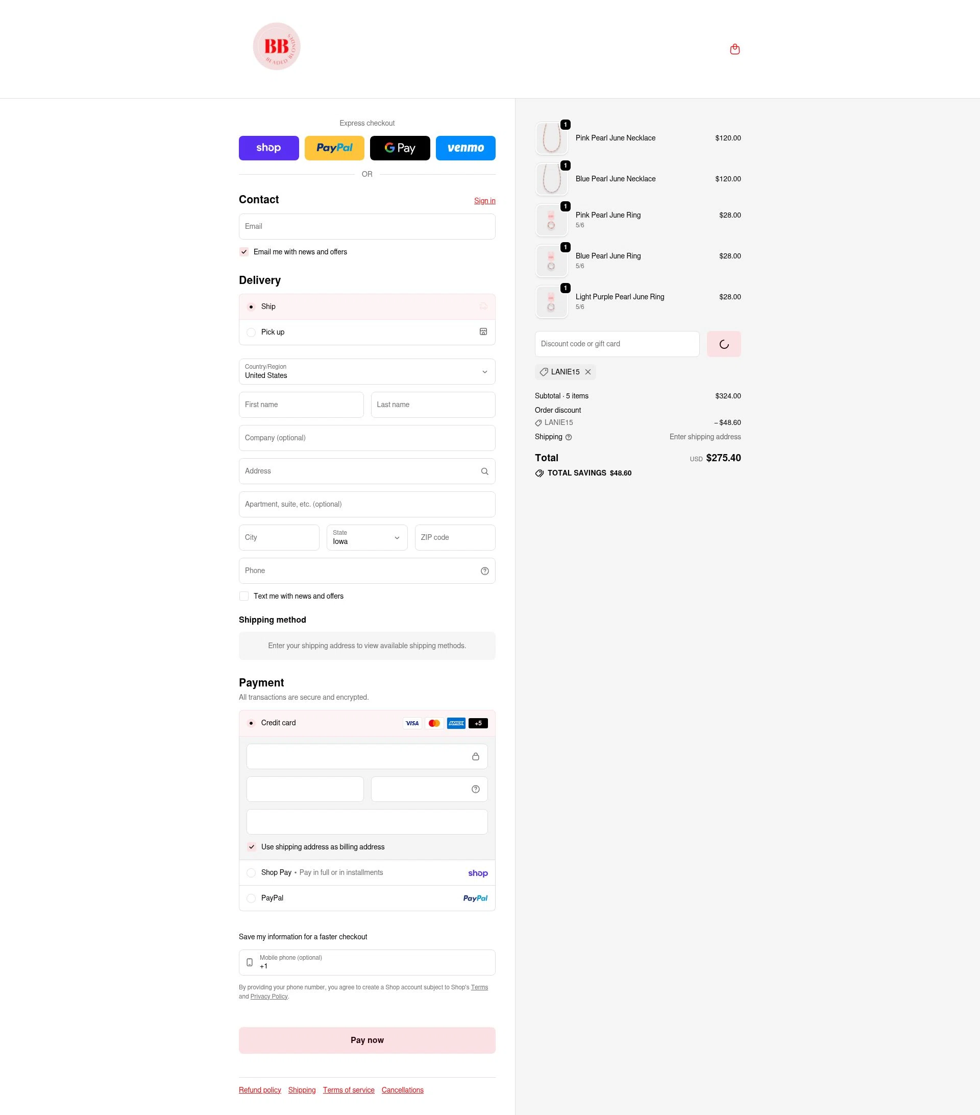 Beaded Blondes checkout page showing Beaded Blondes discount code box | Screenshot taken by SimplyCodes community member on Feb 13, 2026