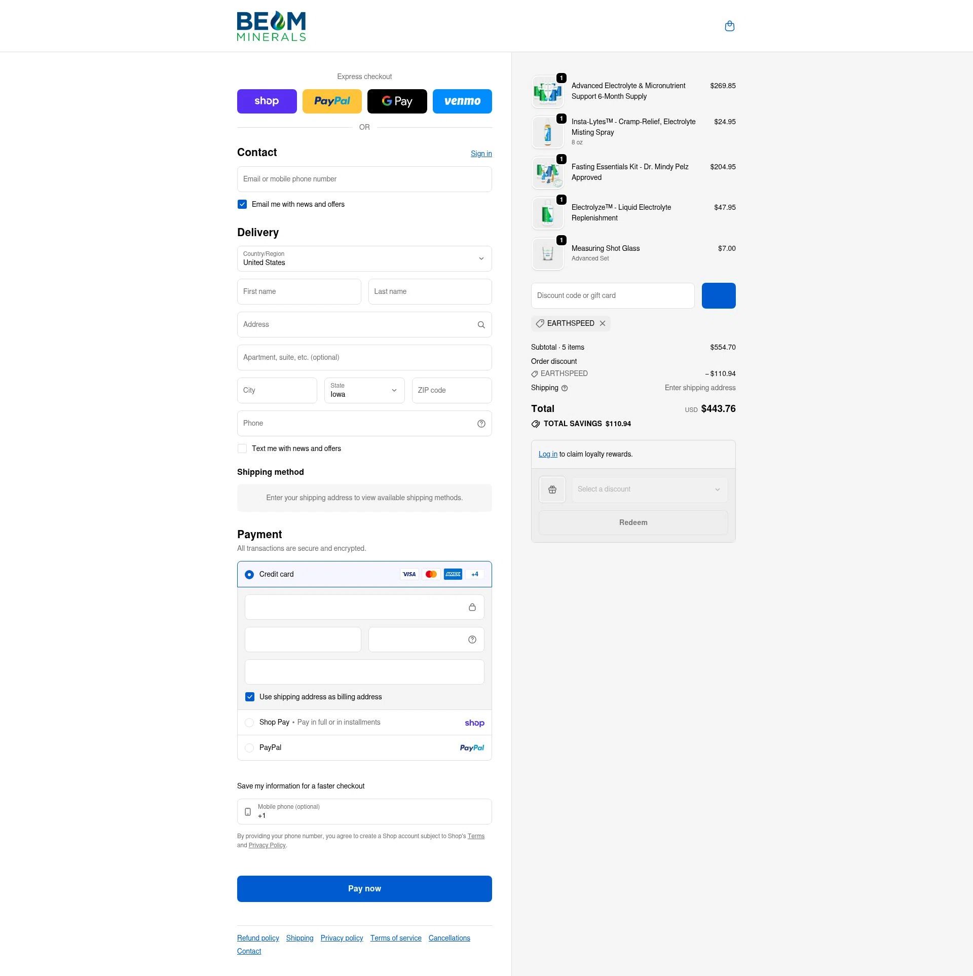 Beam Minerals checkout page showing Beam Minerals discount code box | Screenshot taken by SimplyCodes community member on Feb 11, 2026