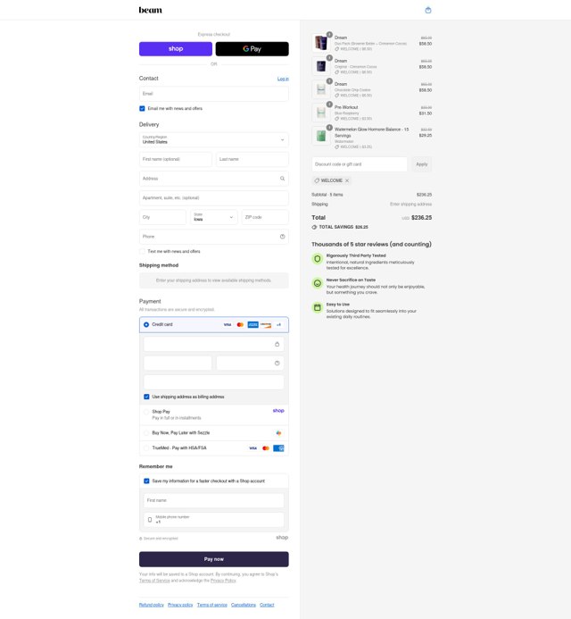 Beam Organics checkout page showing Beam Organics discount code box | Screenshot taken by SimplyCodes community member on Sep 4, 2025