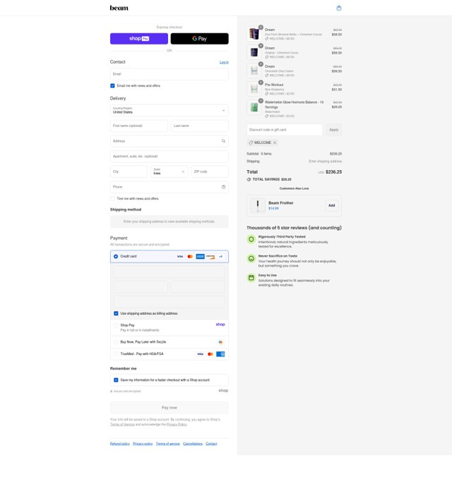 Beam Organics checkout page showing Beam Organics discount code box | Screenshot taken by SimplyCodes community member on Aug 27, 2025