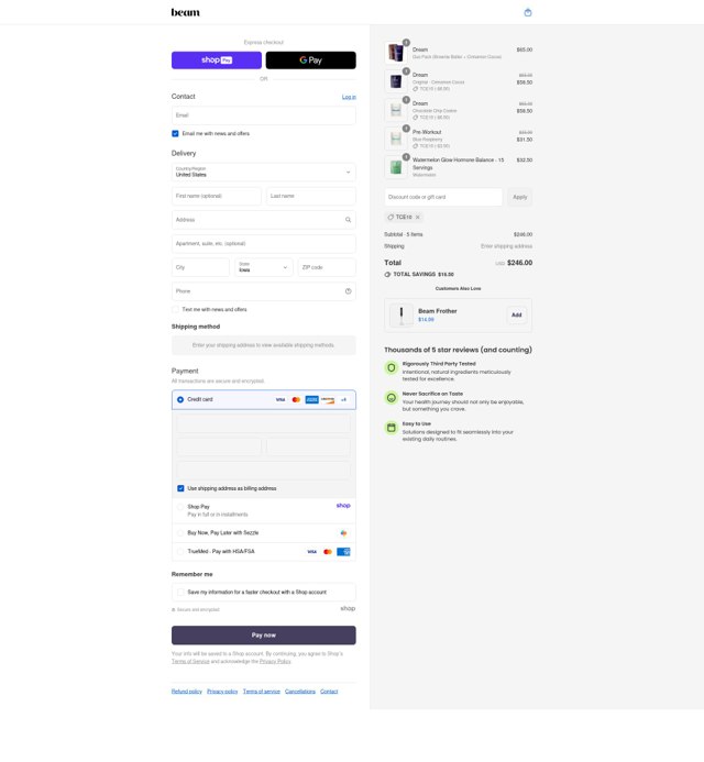 Beam Organics checkout page showing Beam Organics discount code box | Screenshot taken by SimplyCodes community member on Aug 17, 2025