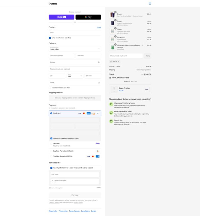 Beam Organics checkout page showing Beam Organics discount code box | Screenshot taken by SimplyCodes community member on Aug 27, 2025