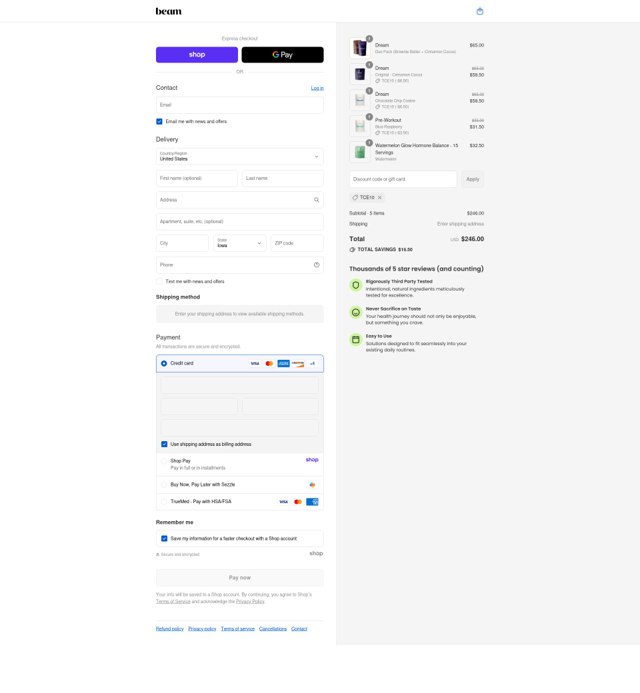 Beam Organics checkout page showing Beam Organics discount code box | Screenshot taken by SimplyCodes community member on Sep 4, 2025