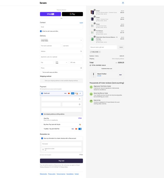 Beam Organics checkout page showing Beam Organics discount code box | Screenshot taken by SimplyCodes community member on Aug 23, 2025