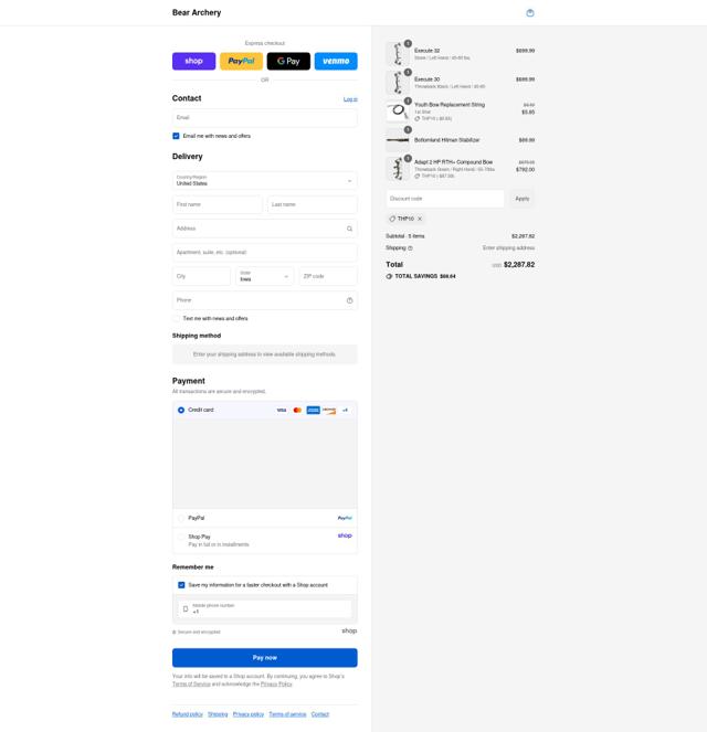 Bear Archery checkout page showing Bear Archery discount code box | Screenshot taken by SimplyCodes community member on Sep 6, 2025