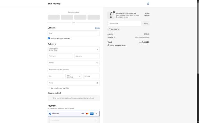 Bear Archery checkout page showing Bear Archery discount code box | Screenshot taken by SimplyCodes community member on Sep 10, 2025