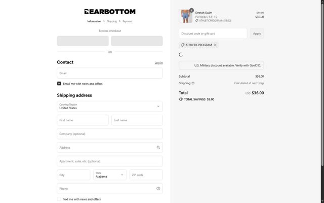 Bearbottom Clothing checkout page showing Bearbottom Clothing discount code box | Screenshot taken by SimplyCodes community member on Aug 26, 2025