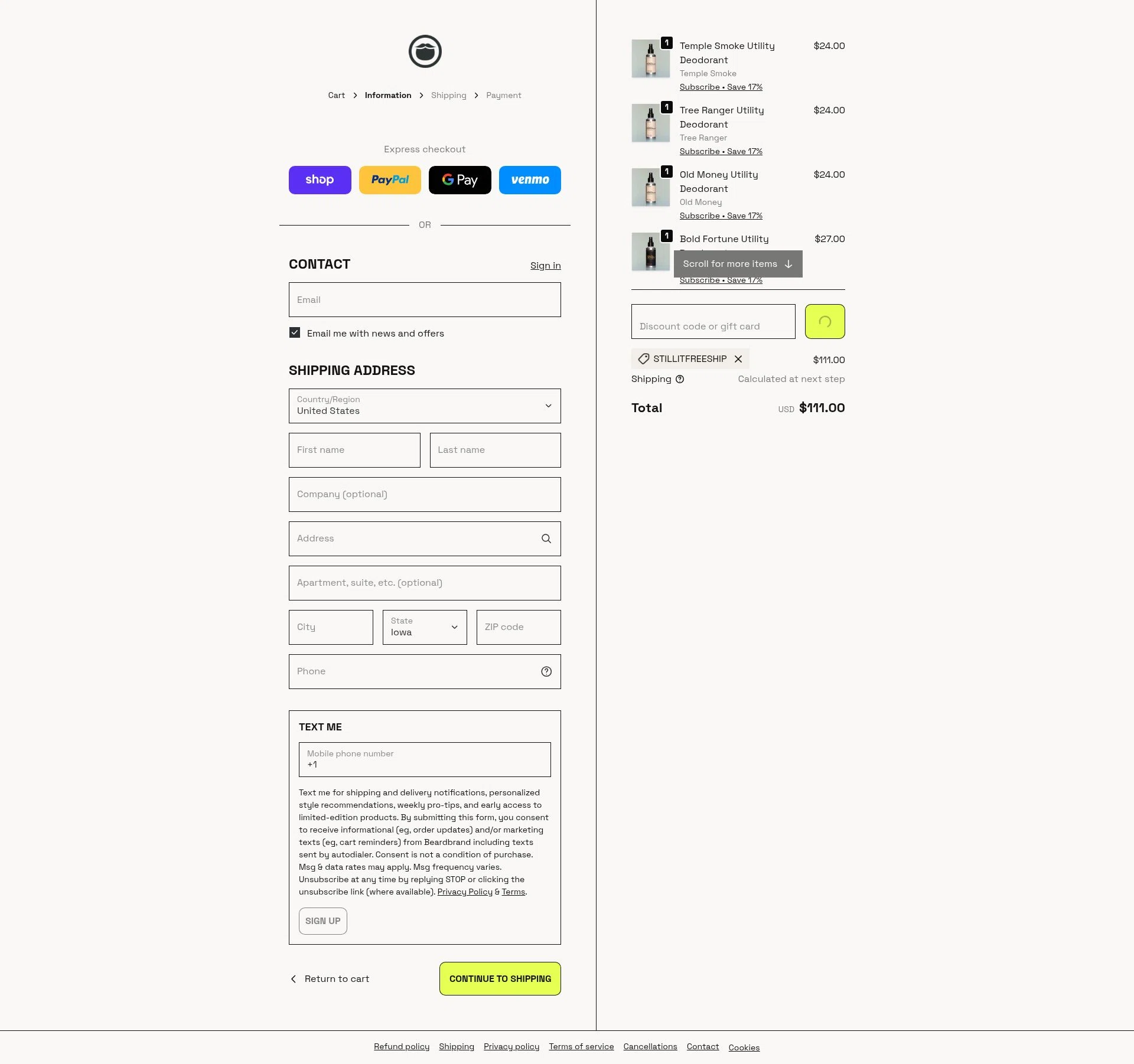Beardbrand checkout page showing Beardbrand discount code box | Screenshot taken by SimplyCodes community member on Feb 18, 2026