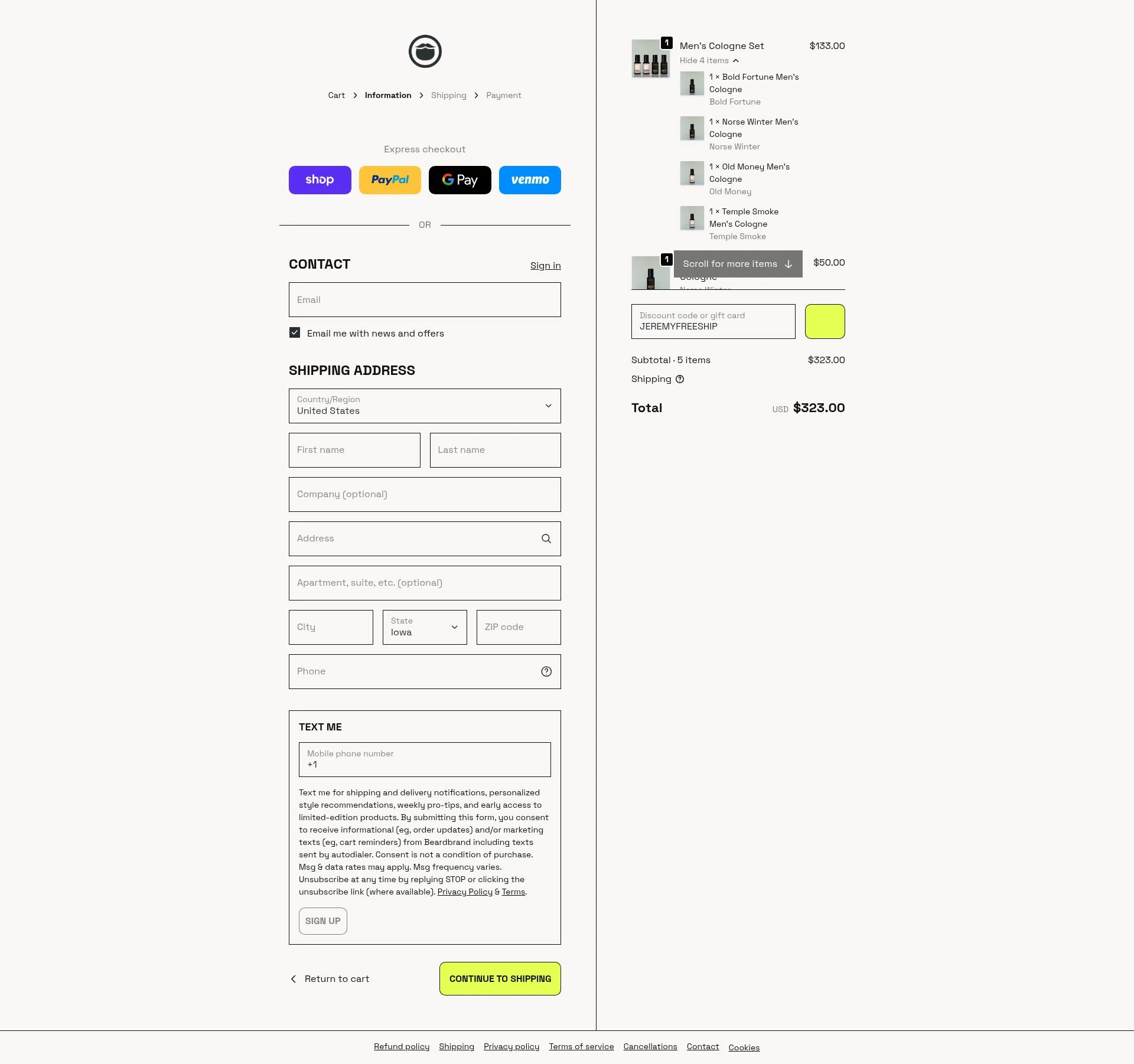 Beardbrand checkout page showing Beardbrand discount code box | Screenshot taken by SimplyCodes community member on Feb 9, 2026