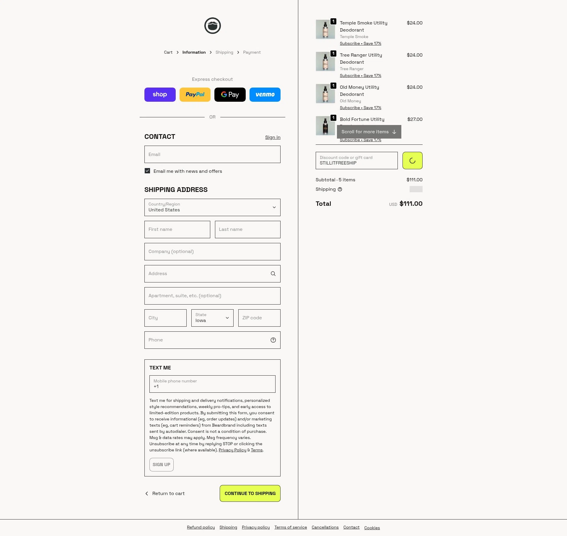 Beardbrand checkout page showing Beardbrand discount code box | Screenshot taken by SimplyCodes community member on Feb 23, 2026