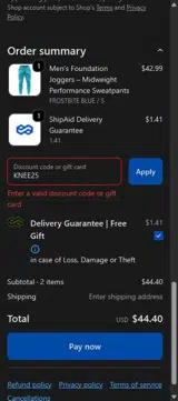 KNEE25 coupon verification screenshot