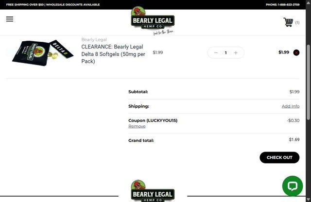 Bearly Legal Hemp checkout page showing Bearly Legal Hemp promo code box | Screenshot taken by SimplyCodes community member on Jun 19, 2025