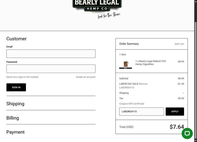Bearly Legal Hemp checkout page showing Bearly Legal Hemp promo code box | Screenshot taken by SimplyCodes community member on Aug 20, 2025