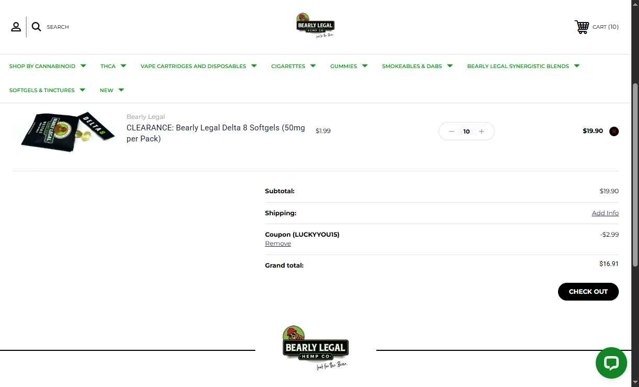 Bearly Legal Hemp checkout page showing Bearly Legal Hemp promo code box | Screenshot taken by SimplyCodes community member on Jun 19, 2025