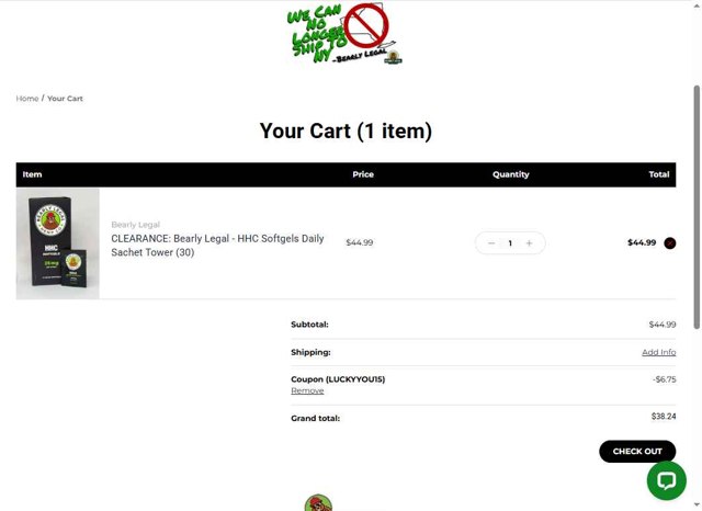 Bearly Legal Hemp checkout page showing Bearly Legal Hemp promo code box | Screenshot taken by SimplyCodes community member on Jun 19, 2025