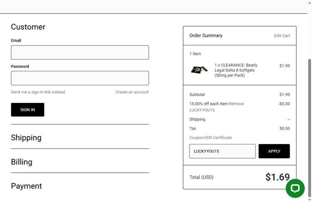Bearly Legal Hemp checkout page showing Bearly Legal Hemp promo code box | Screenshot taken by SimplyCodes community member on Aug 16, 2025