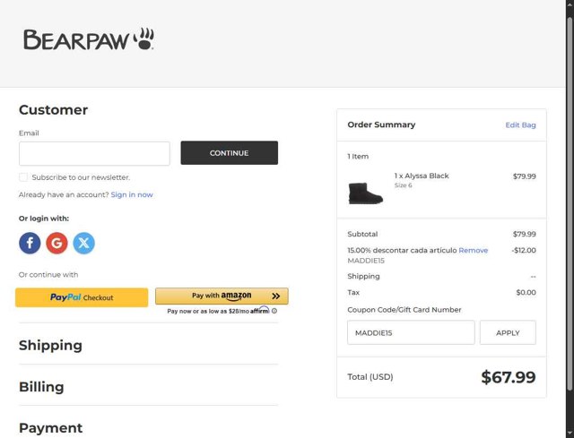 BEARPAW checkout page showing BEARPAW coupon code box | Screenshot taken by SimplyCodes community member on Aug 2, 2025