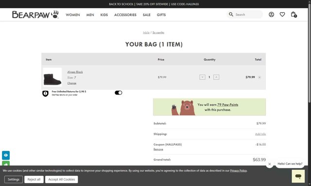 BEARPAW checkout page showing BEARPAW coupon code box | Screenshot taken by SimplyCodes community member on Aug 14, 2025