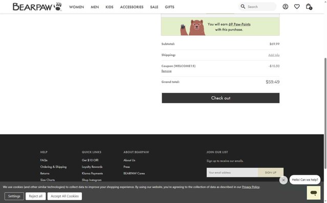 BEARPAW checkout page showing BEARPAW coupon code box | Screenshot taken by SimplyCodes community member on Aug 2, 2025