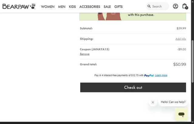 BEARPAW checkout page showing BEARPAW coupon code box | Screenshot taken by SimplyCodes community member on Aug 23, 2025