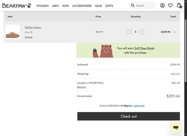 BEARPAW checkout page showing BEARPAW coupon code box | Screenshot taken by SimplyCodes community member on Aug 29, 2025