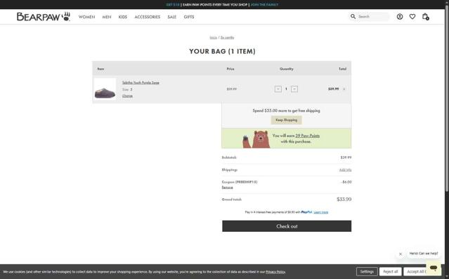BEARPAW checkout page showing BEARPAW coupon code box | Screenshot taken by SimplyCodes community member on Sep 1, 2025