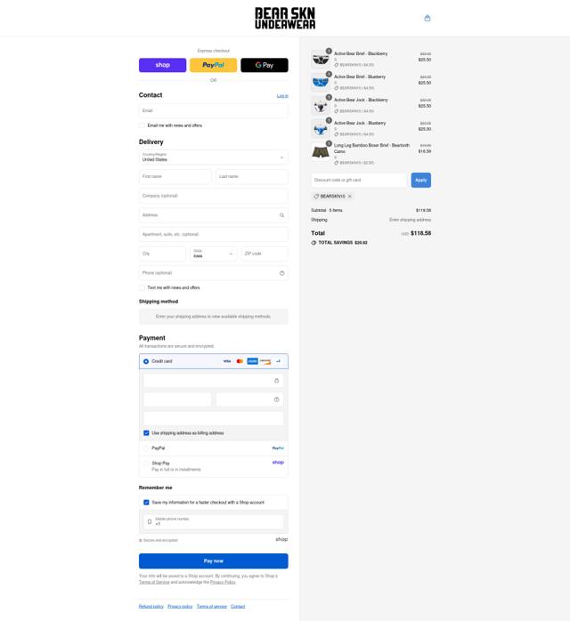 Bear Skn checkout page showing Bear Skn discount code box | Screenshot taken by SimplyCodes community member on Sep 8, 2025