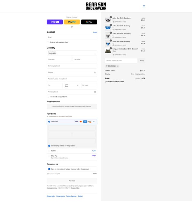 Bear Skn checkout page showing Bear Skn discount code box | Screenshot taken by SimplyCodes community member on Aug 26, 2025