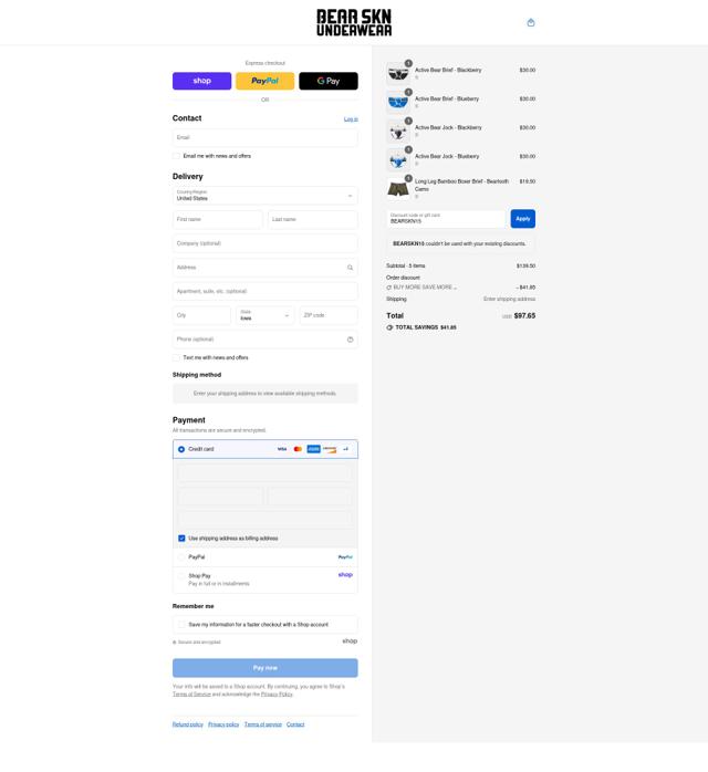 Bear Skn checkout page showing Bear Skn discount code box | Screenshot taken by SimplyCodes community member on Aug 30, 2025