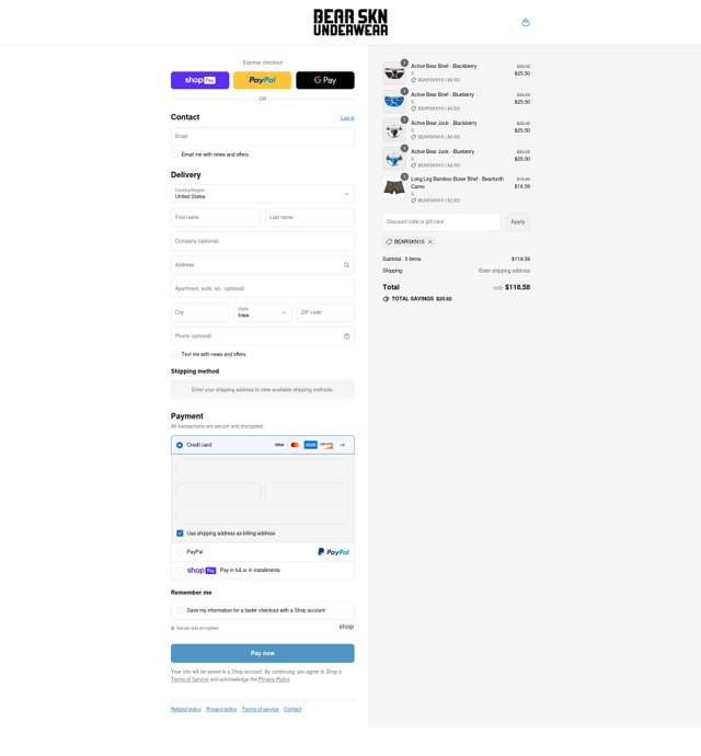 Bear Skn checkout page showing Bear Skn discount code box | Screenshot taken by SimplyCodes community member on Jul 31, 2025