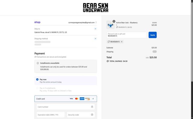 Bear Skn checkout page showing Bear Skn discount code box | Screenshot taken by SimplyCodes community member on Sep 8, 2025