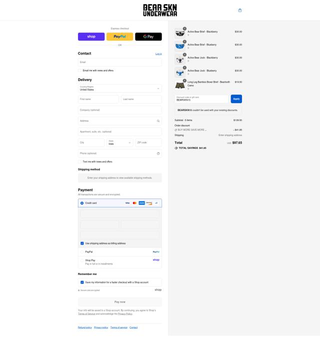 Bear Skn checkout page showing Bear Skn discount code box | Screenshot taken by SimplyCodes community member on Sep 3, 2025