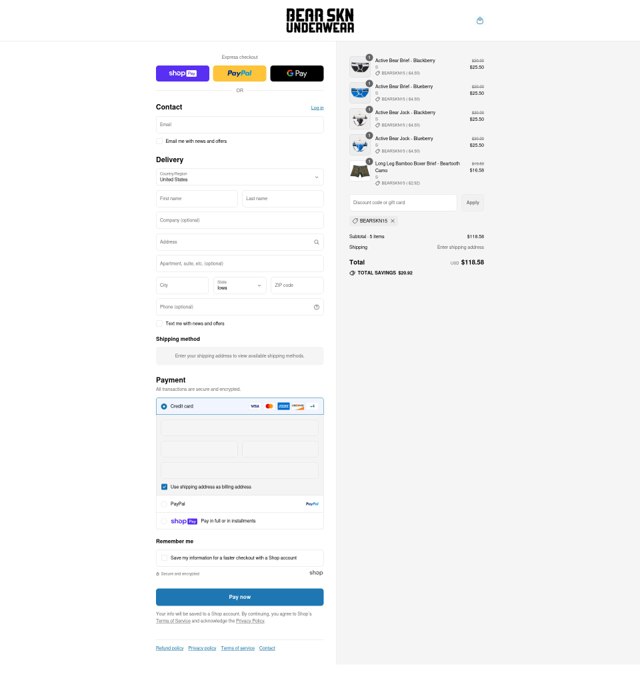Bear Skn checkout page showing Bear Skn discount code box | Screenshot taken by SimplyCodes community member on Aug 12, 2025
