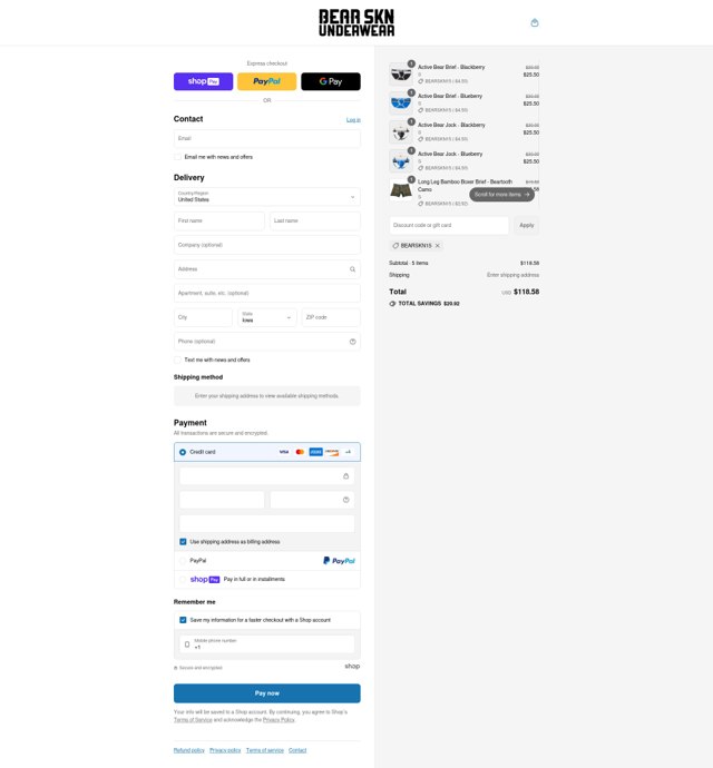 Bear Skn checkout page showing Bear Skn discount code box | Screenshot taken by SimplyCodes community member on Aug 7, 2025