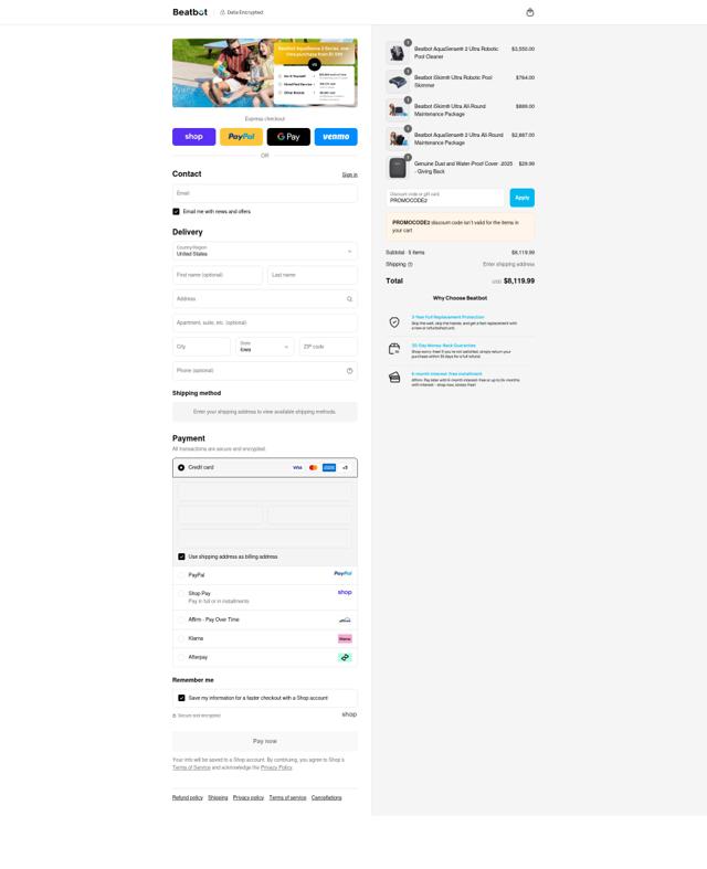 Beatbot Pool Cleaner checkout page showing Beatbot Pool Cleaner promo code box | Screenshot taken by SimplyCodes community member on Sep 12, 2025