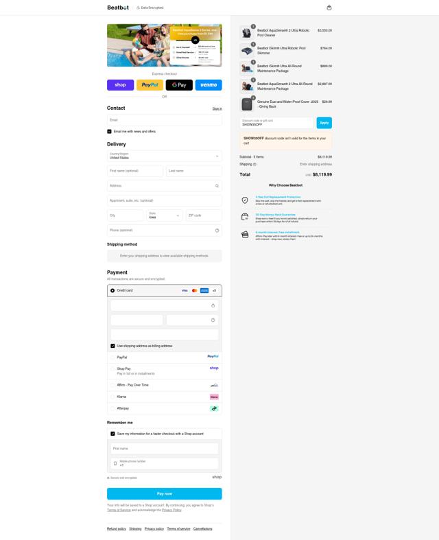 Beatbot Pool Cleaner checkout page showing Beatbot Pool Cleaner promo code box | Screenshot taken by SimplyCodes community member on Sep 12, 2025