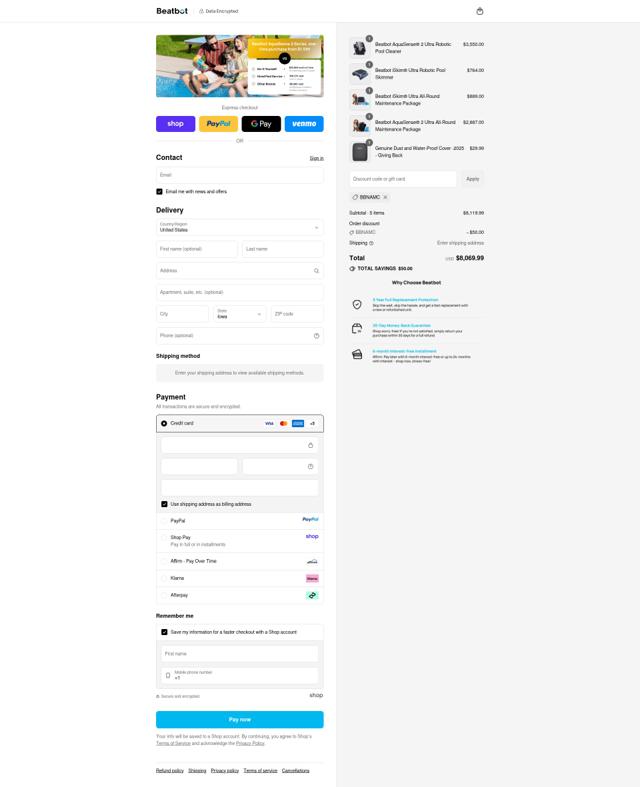 Beatbot Pool Cleaner checkout page showing Beatbot Pool Cleaner promo code box | Screenshot taken by SimplyCodes community member on Sep 12, 2025