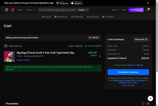 BeatStars checkout page showing BeatStars promo code box | Screenshot taken by SimplyCodes community member on Sep 4, 2025