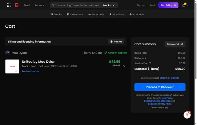 BeatStars checkout page showing BeatStars promo code box | Screenshot taken by SimplyCodes community member on Aug 30, 2025
